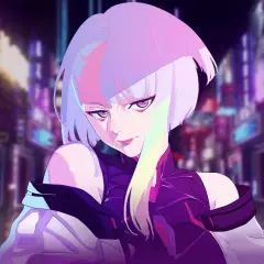 Lucy z Cyberpunk: Edgerunners, w neonowym mieście, z fioletowymi oczami i włosami w odcieniach różu i żółci.