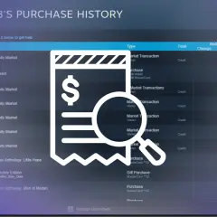 Ikona paragonu ze znakiem dolara i lupą na tle historii zakupów na Steam.