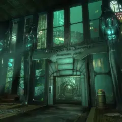 Wejście do Rapture z napisem "Welcome to Rapture. Opportunity awaits" i rzeźbami.