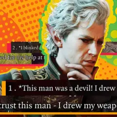 Gale, elf z Baldur's Gate 3, rozważa opcje dialogowe. "Nie ufałem temu człowiekowi - wyciągnąłem broń.
