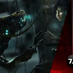 Robot z niebieskimi światłami i ludzka twarz za zaparowaną szybą.