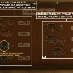 Tablica wyników z gry Far Cry 5 coop. Po lewej rekordy ogólne, po prawej regionalne. Widać ryby i ich wagę.