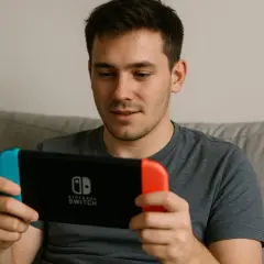 Mężczyzna gra na konsoli Nintendo Switch, która jest jego ulubioną rozrywką.