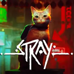 Rudy kot z plecakiem siedzi na tle neonowego miasta. Logo gry "Stray" jest widoczne.