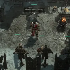Diablo 4: Tajemnice Źródła. Postać w czerwonej zbroi stoi przed wilkami, słysząc "Bestia żyje w tobie".