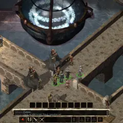 Drużyna w Baldur's Gate na kamiennych mostach nad wodą, przygotowuje się do walki.