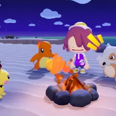 Pikachu, Charmander i Cubone przy ognisku na plaży. W tle nocne niebo i klify. To scena z gry Pokemon.