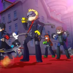 Postacie z Persona 6 w kreskówkowym stylu, gotowe do akcji na czerwonym dywanie.