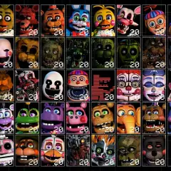 Wybór postaci do gry fnaf 7. Na ekranie Custom Night widzimy wiele animatroników, każdy z ustawionym poziomem trudności 20.