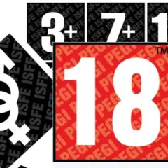 Kolaż symboli PEGI: @*! (wulgaryzmy), symbole płci, cyfry 3+, 7, 12, 16, 18.