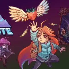 Grafika z gry Celeste: Madeline wspina się, a obok siedzi jej mroczna wersja. W tle latają skrzydlate truskawki i odbicie w lustrze.