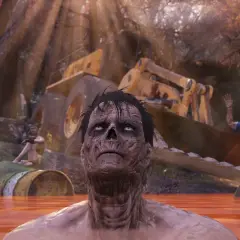 Postapokaliptyczny krajobraz, zmutowany człowiek w wodzie, koparka i szkielet. Kiedy fallout 5?