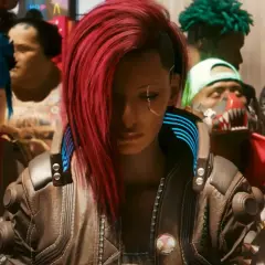 Postacie w grze cyberpunk online: dziewczyna z niebieskimi włosami, kobieta z rudymi włosami i cybernetycznymi implantami, mężczyzna w futrzanym płaszczu.