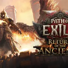 Postać w zbroi z płonącymi skrzydłami trzyma włócznię, obok logo Path of Exile: Return of the Ancients.