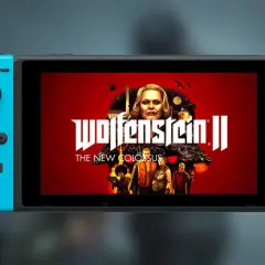 Nintendo Switch z okładką Wolfenstein II: The New Colossus. Ta gra to kolejny rozdział w chronologii Wolfenstein, pełen akcji i walki.