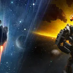Robot z bronią na tle kosmosu i statku kosmicznego. Zapowiedź **starfield dlc**.