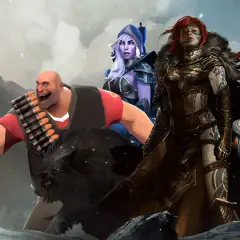 Postacie z gier, w tym Heavy z TF2, w śnieżnym krajobrazie. Idealne do odkrywania darmowych gier na Steam!