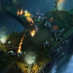 Intensywna bitwa w Diablo 3. Gracze walczą z hordami potworów na płonących platformach. Sprawdź diablo 3 wymagania, by dołączyć do walki!
