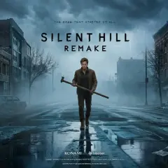 Mroczna ulica w Silent Hill, zniszczone budynki i samochody. W centrum stoi mężczyzna z rurą, zapowiadając Silent Hill 1 remake.