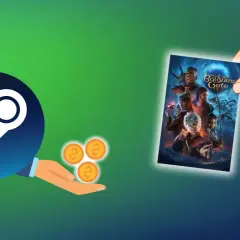 Dłoń trzyma okładkę gry "Baldur's Gate", obok logo Steam i monet.