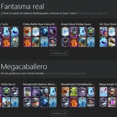 Karty do Clash Royale: "Fantasma real" i "Megacaballero" z przykładowymi taliami.