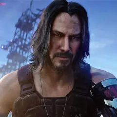 Johnny Silverhand, aktor z Cyberpunk 2077, w swoim charakterystycznym stroju, z cybernetycznym ramieniem.