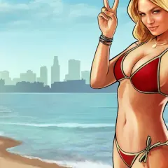 Kobieta w czerwonym bikini robi selfie na plaży z widokiem na miasto i diabelski młyn.