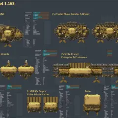 Grafika przedstawia różne statki kosmiczne z gry HighFleet, z ich statystykami i nazwami.