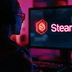 Gracz z dolarem w ręku przed ekranem Steam. Dowiedz się, jak odebrać oczekujące pieniądze na Steam.