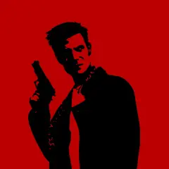 Czarna sylwetka Maxa Payne'a z pistoletem na czerwonym tle. Zapowiedź odświeżonej wersji gry Max Payne remaster.