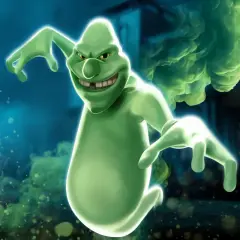 Złowrogi, zielony duch z uśmiechem na twarzy, otoczony zieloną mgłą. Wygląda jak postać z gry ghost.