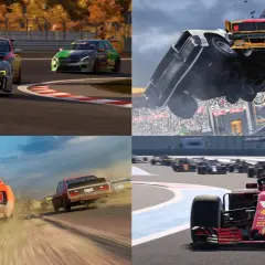 Cztery sceny z gier wyścigowych: samochody sportowe na torze, pojazdy w powietrzu, klasyki na pustyni i bolidy F1. To najlepsze gry wyścigowe!