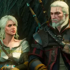 Geralt i Ciri, bohaterowie gry RPG, siedzą obok siebie.