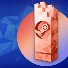 Pomnik z logo Steam, przypominający wieżę, na tle niebieskich geometrycznych wzorów.