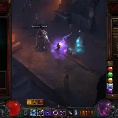 Gracz w Diablo 3 wybiera typ szczeliny. W tle widać obelisk i postacie. W ekwipunku widoczne są statystyki postaci i przedmioty, a także ikony umiejętności. Kostka Kanaiego jest kluczowym elementem rozgrywki.