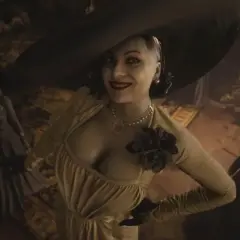 Lady Dimitrescu z Resident Evil, w towarzystwie swoich córek, w mrocznym wnętrzu.