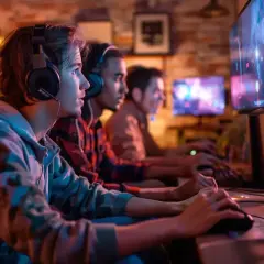 Trzech przyjaciół gra w gry multiplayer PC, skupieni na ekranach.