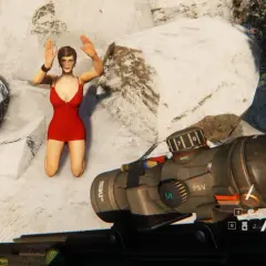 Kobieta w czerwonej sukience klęczy z rękami w górze. Widok z perspektywy snajpera, jak w Sniper Ghost Warrior 3 wymagania.