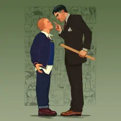 Nauczyciel grozi linijką uczniowi na tle komiksowych paneli z postaciami.