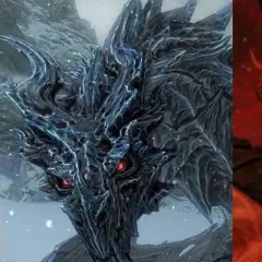 Postacie z gier: złota maska, smok z czerwonymi oczami i czerwony demon. Czy to Dagoth Ur i jego sojusznicy?