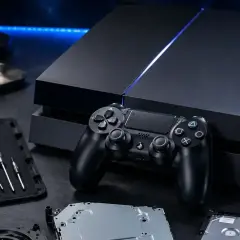 Konsola PS4 i kontroler, gotowe do naprawy, jak kiedy wyszło ps4. Narzędzia i części leżą obok.
