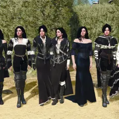 Wiedźmin 3 alternatywny wygląd porównanie: Yennefer w różnych strojach, od eleganckich sukni po bardziej praktyczne, bojowe kreacje.