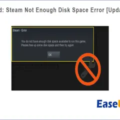 Komunikat błędu Steam o braku miejsca na dysku z ikoną przekreślonego klucza.