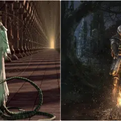 Gwyndolin w białej szacie z wężami u stóp, obok rycerz przy ognisku.