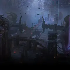 Mroczna, lodowa forteca w **howling abyss**. Kamienne posągi, wiszące mosty i wieże wznoszą się ku niebu.