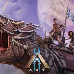 Wielki dinozaur z ludźmi na grzbiecie, gotowy na premierę ark 2. W tle planety i chmury.