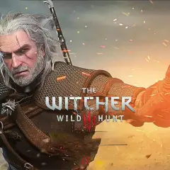 Geralt z Rivii w zbroi, gotowy do walki. W tle płomienie i logo gry Wiedźmin 3 Next Gen.