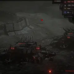 Mroczny, postapokaliptyczny krajobraz w stylu **dieselpunk**. Gigantyczne, opancerzone maszyny bojowe z czerwonymi akcentami świecą w półmroku.