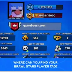Profil gracza w Brawl Stars: 15707 trofeów, 2645 zwycięstw 3v3, 281 zwycięstw solo.