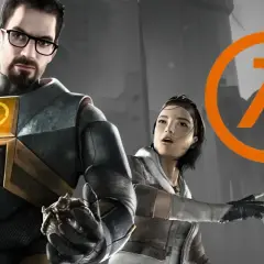 Gordon Freeman i Alyx Vance w oczekiwaniu na Half Life 3. Pomarańczowe logo z symbolem lambda i cyfrą 3.